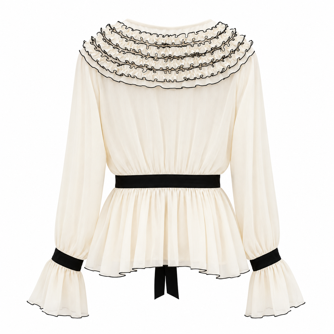Ivory Embroidered Ruffle Blouse with Black Ribbon Tie – BELÉNZA