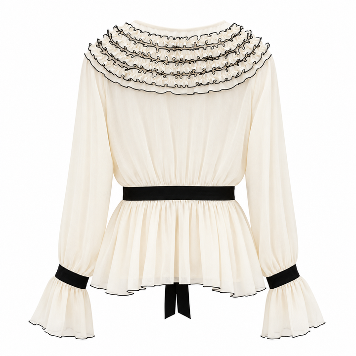 Ivory Embroidered Ruffle Blouse with Black Ribbon Tie – BELÉNZA