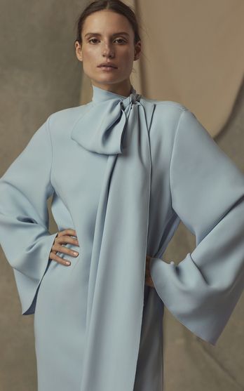 bow-neck draped gown with side slit – ODD- REZIIN