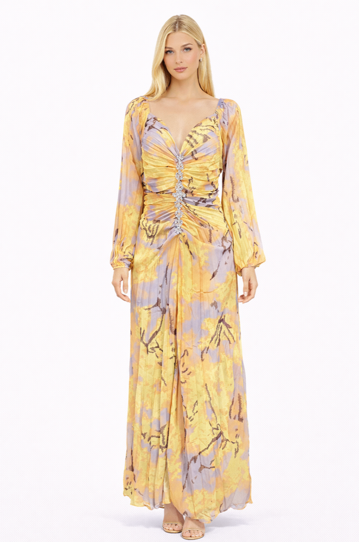 off-shoulder pleated chiffon gown with jeweled waist detail – AURELIA