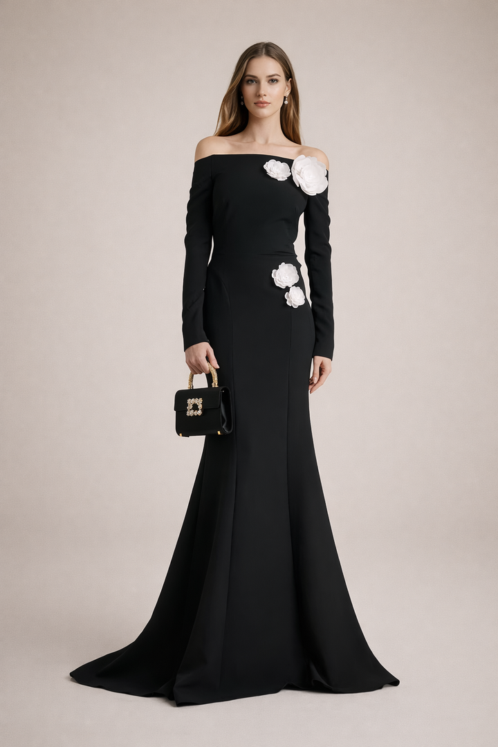 off-shoulder mermaid gown with floral appliqué – ATF