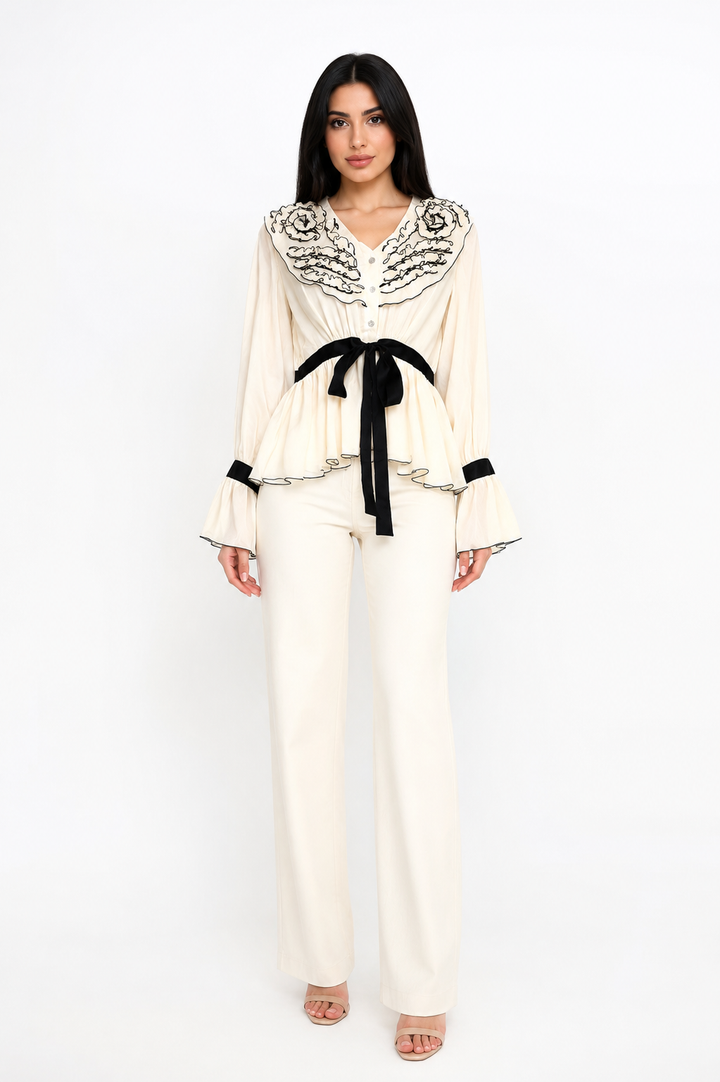 Ivory Embroidered Ruffle Blouse with Black Ribbon Tie – BELÉNZA