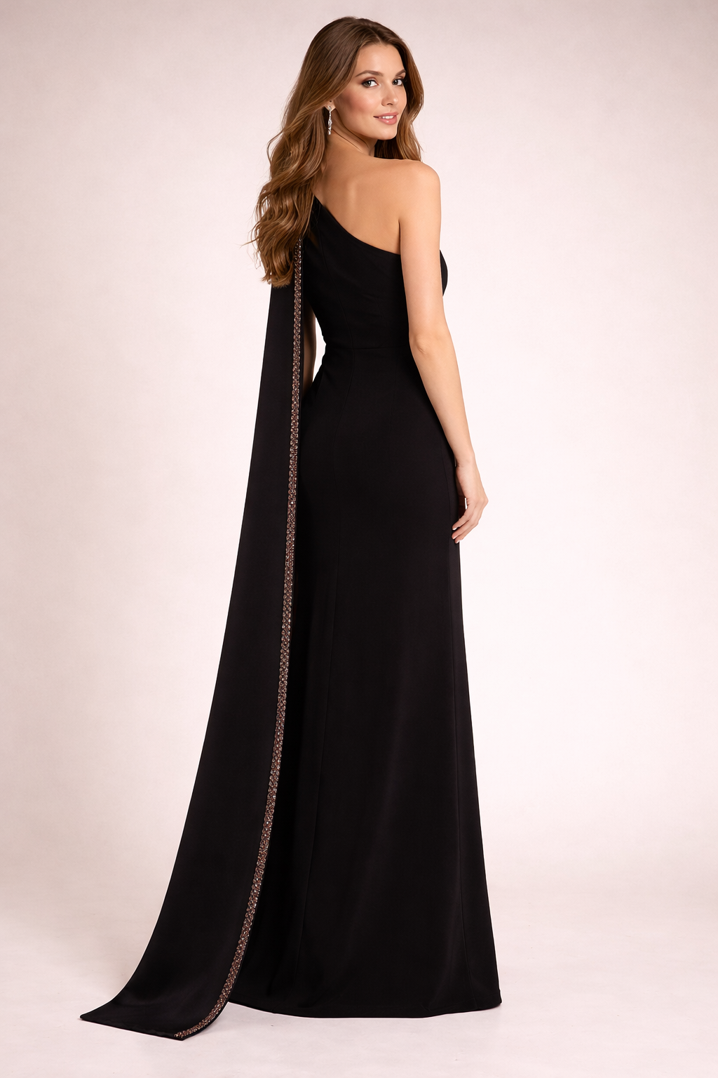 one-shoulder draped column dress with embellished trim – VALERIA
