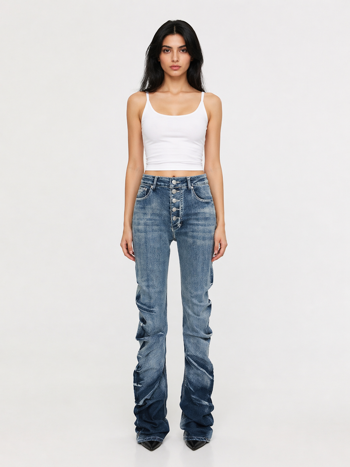 Vintage Wash High Waist Stacked Denim Jeans with Button Fly - RAVEN