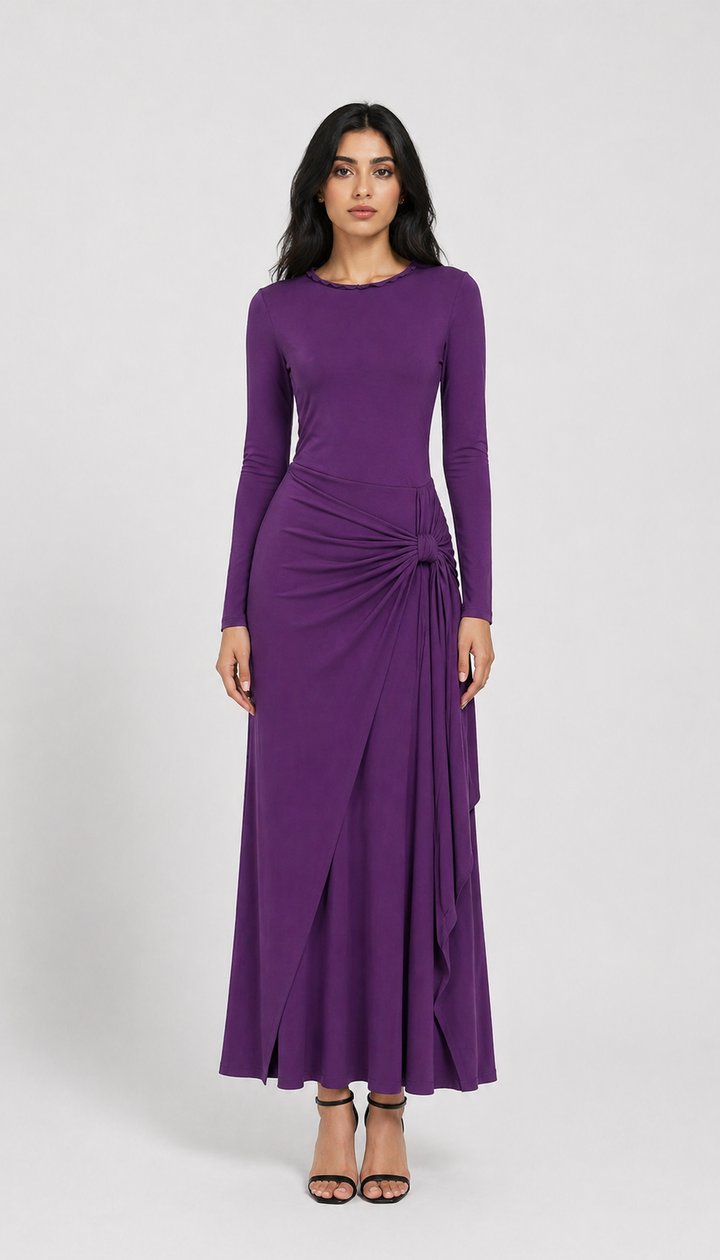 Burgundy Draped Knot Maxi Dress-VELORA