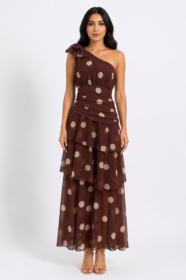 Polka Dot One-Shoulder Maxi Dress - Elegance