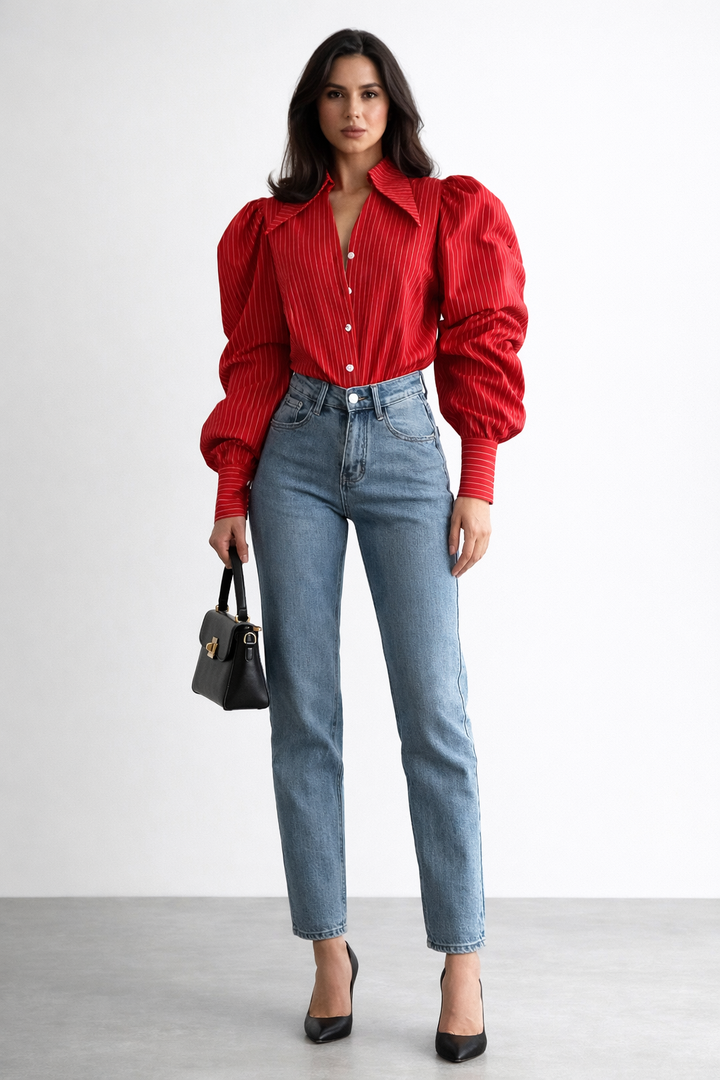striped button-up blouse with voluminous sleeves – SCARLET