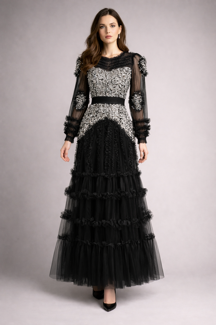 long-sleeve sequin bodice dress with layered tulle skirt – LUXE