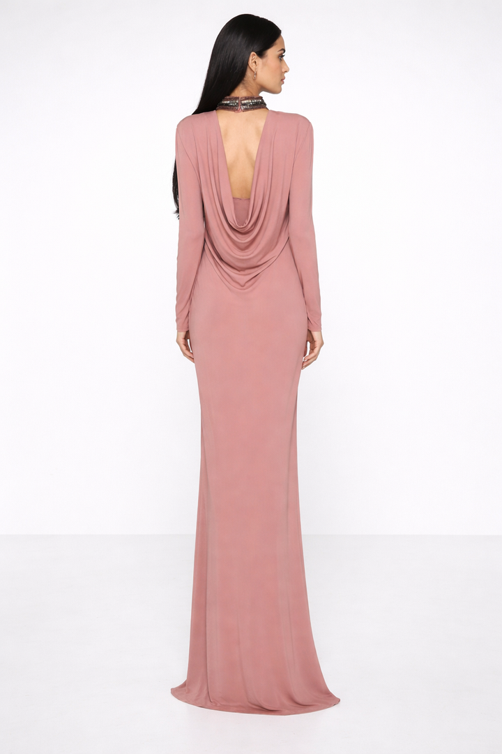 high-neck fitted maxi dress with embellished collar – NUDEA