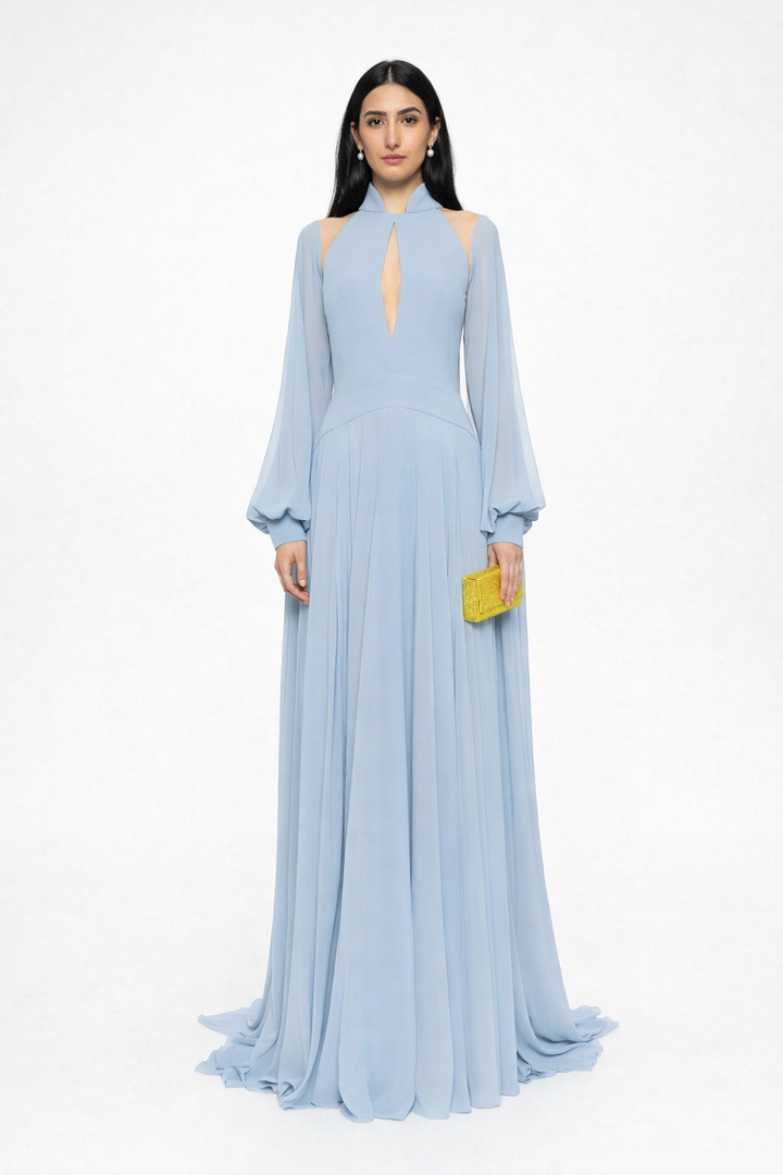 high-neck maxi dress with keyhole cutout and flowing sleeves – SCARLET