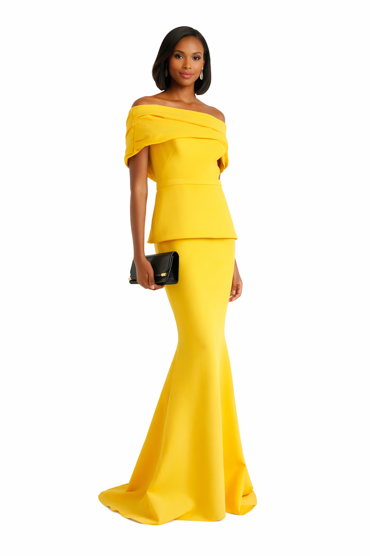 off-shoulder peplum mermaid gown with draped neckline – SOLARA