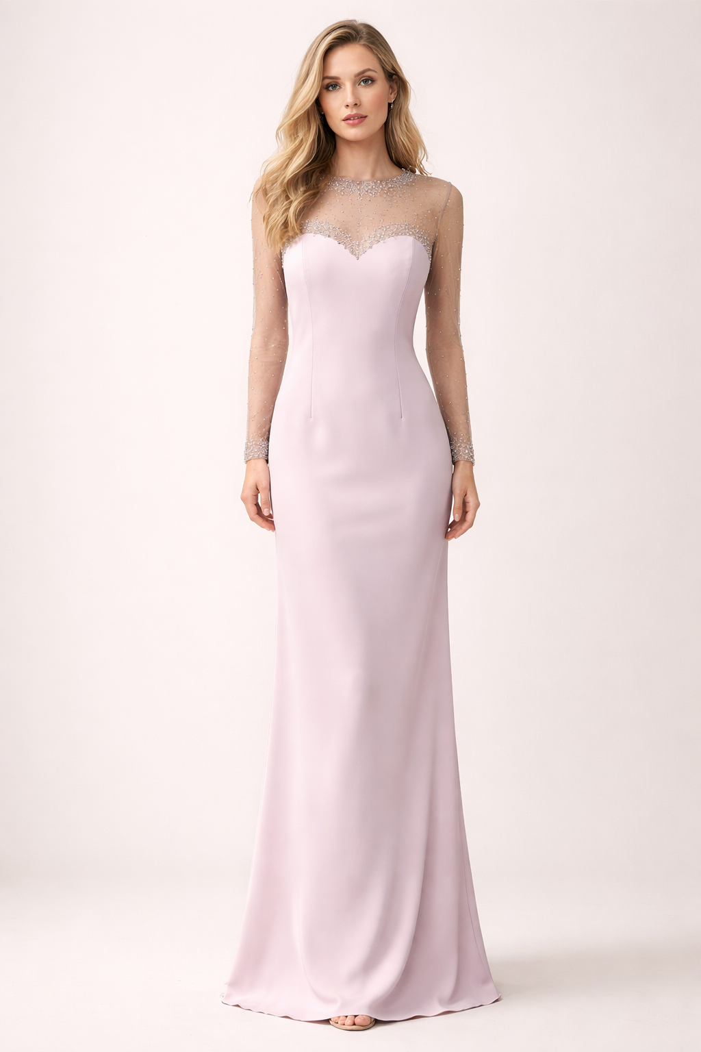 long sleeve column dress with embellished illusion neckline – CELESTE