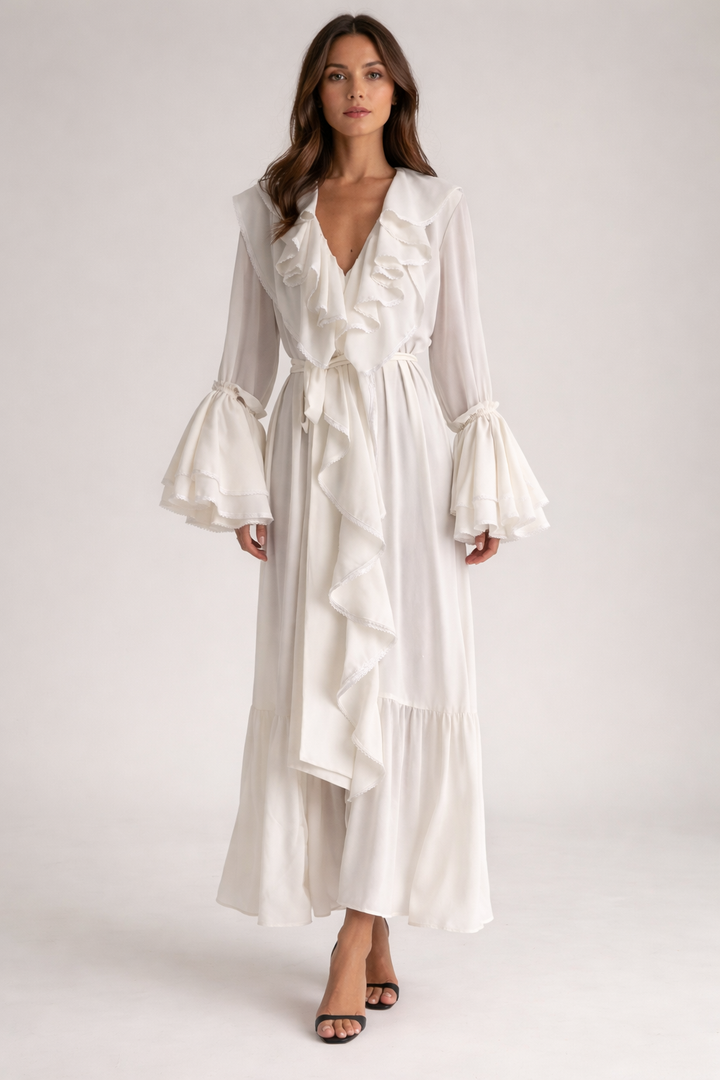 long sleeve ruffle maxi dress with waist tie detail – CASCADE