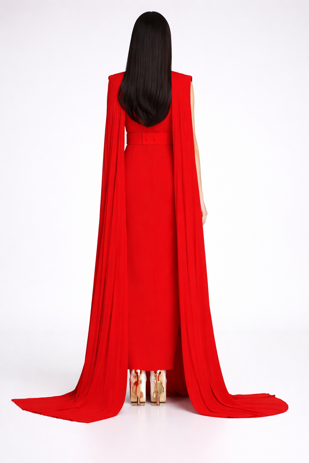 sleeveless pleated column dress with dramatic cape train – SCARLET