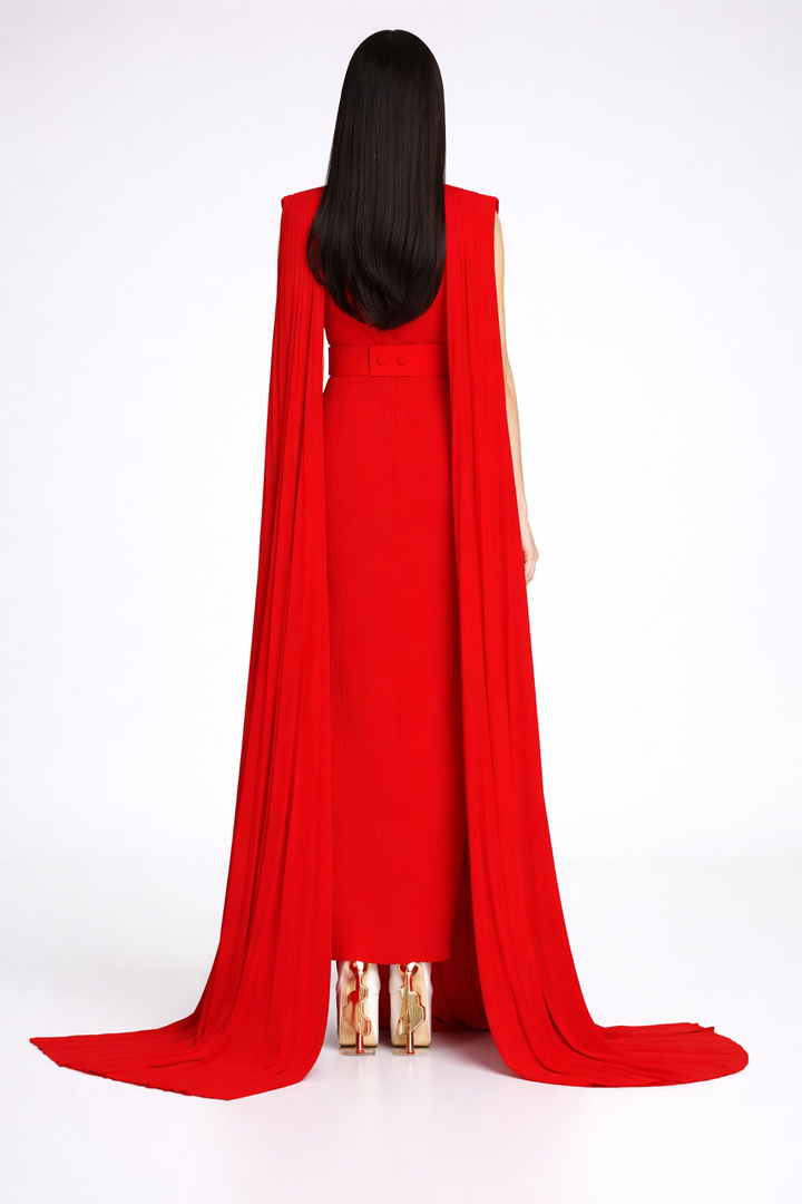 sleeveless pleated column dress with dramatic cape train – SCARLET
