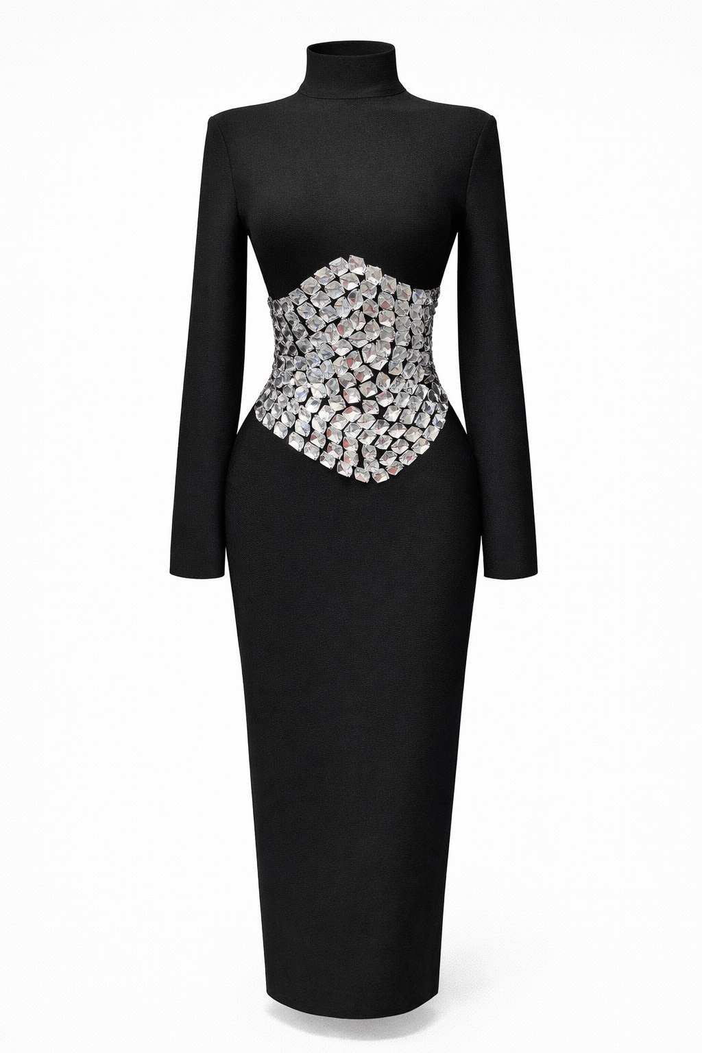 long sleeve high-neck maxi dress with crystal waist embellishment – CRYSTAL