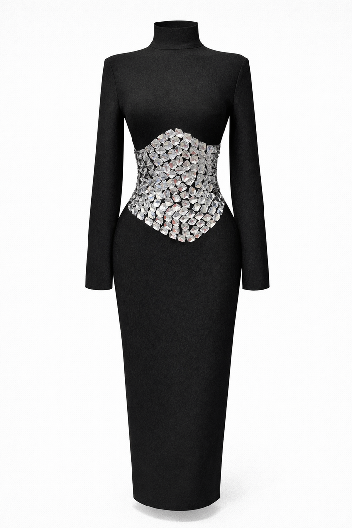 long sleeve high-neck maxi dress with crystal waist embellishment – CRYSTAL