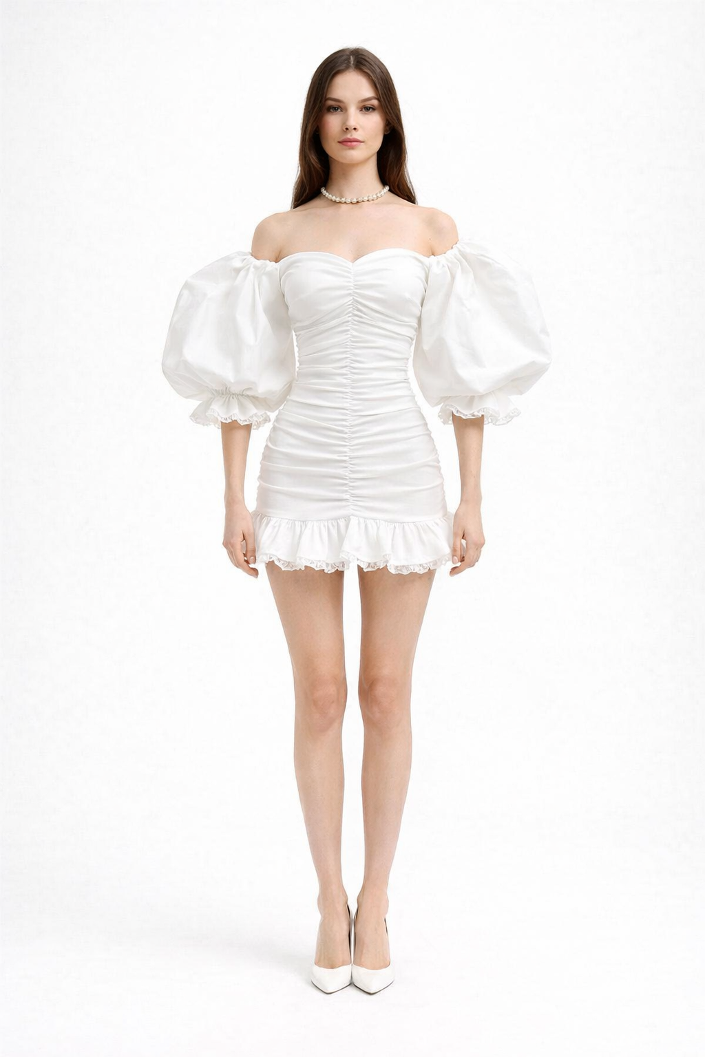 off-shoulder ruched mini dress with puff sleeves – BLOOM