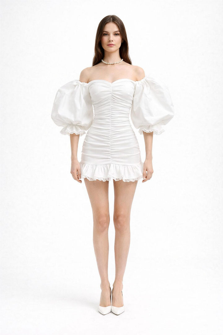 off-shoulder ruched mini dress with puff sleeves – BLOOM