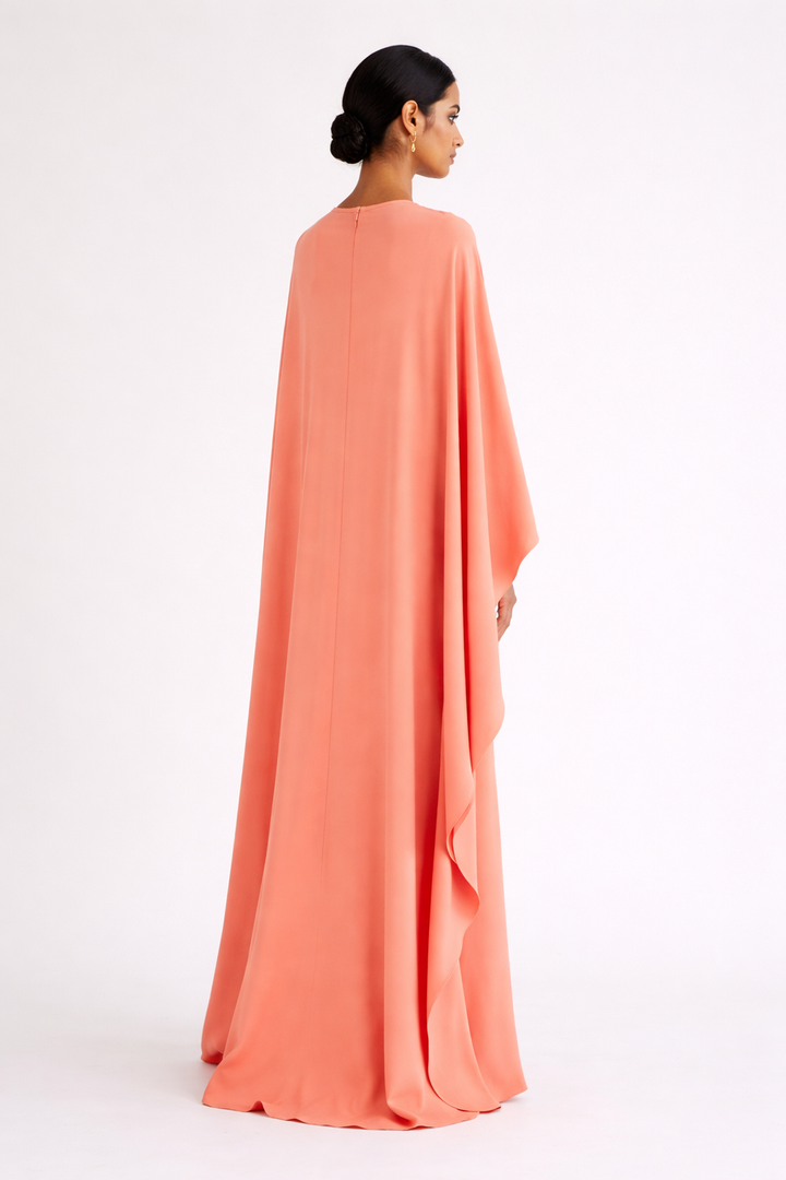 cape sleeve column dress with floral shoulder detail – CORAL