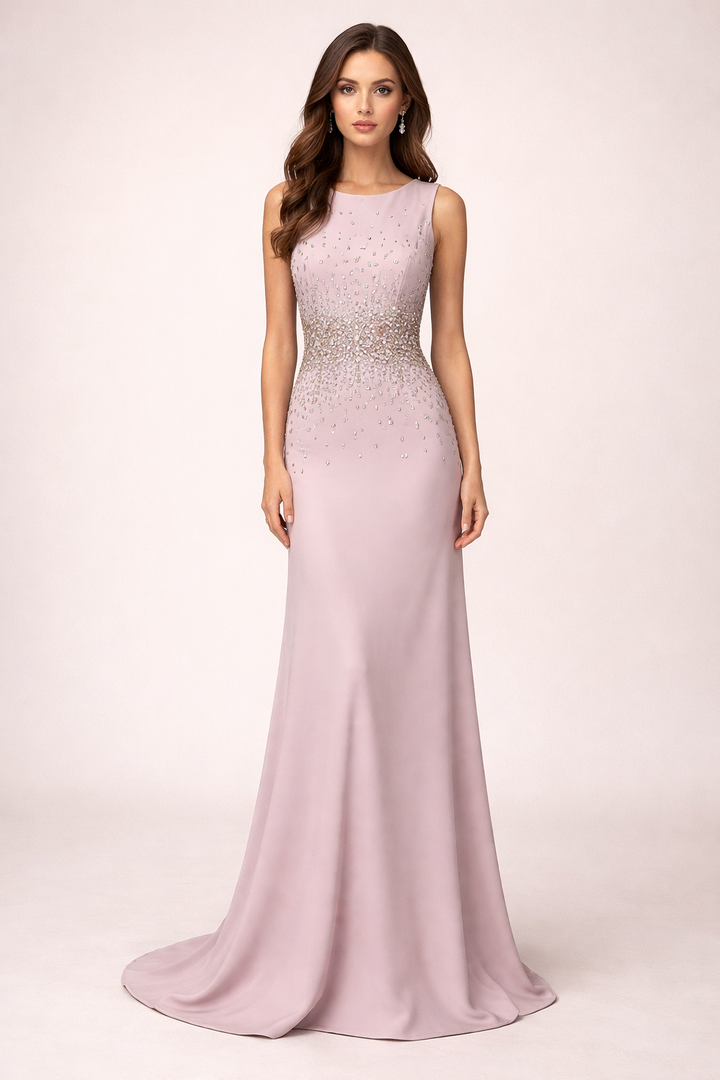 sleeveless evening gown with crystal embellished waist – ODD- BLUSH