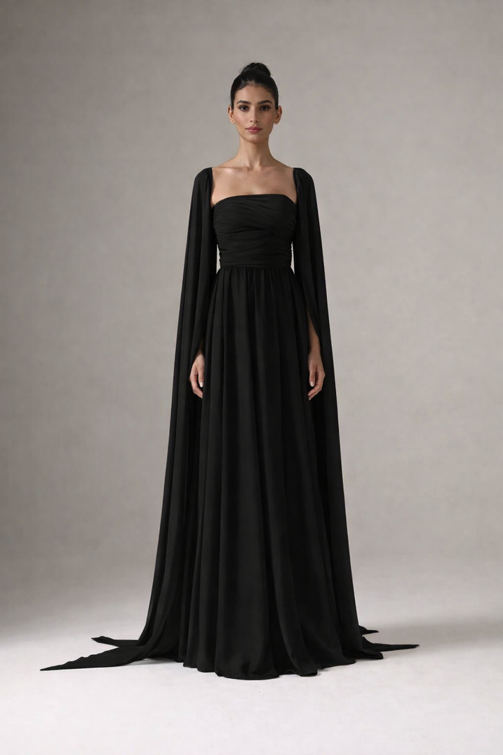 strapless chiffon maxi dress with flowing cape sleeves – NOIR