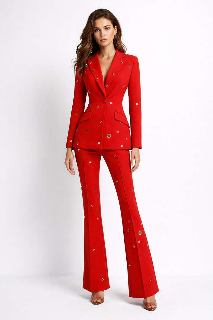 tailored blazer and flared pants set with metallic eyelet details – SCARLET