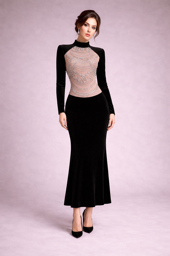 long-sleeve mermaid gown with embellished bodice – ROYALE