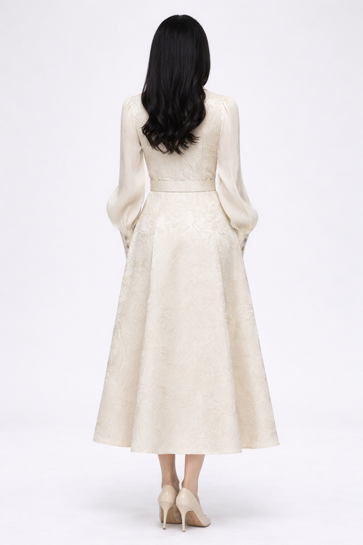 jacquard midi dress with wrap neckline and belt – GRACE