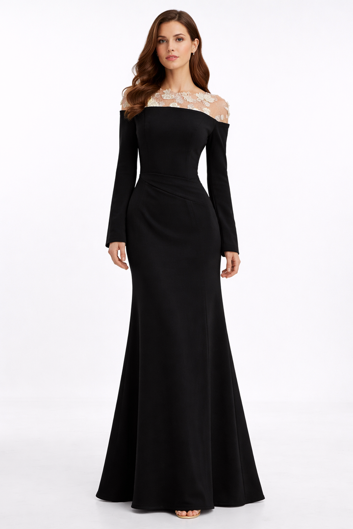 long sleeve satin dress with lace illusion neckline – GRACE