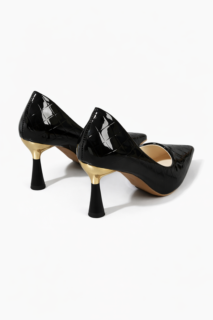 pointed toe patent leather heels with sculpted metallic heel – ICON