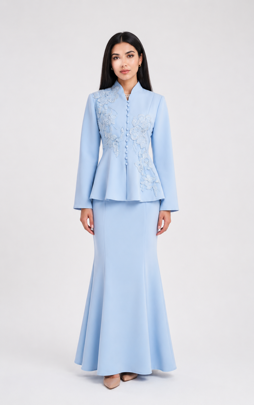 Elegant Embroidered Peplum Top & Mermaid Skirt Set - Champagne