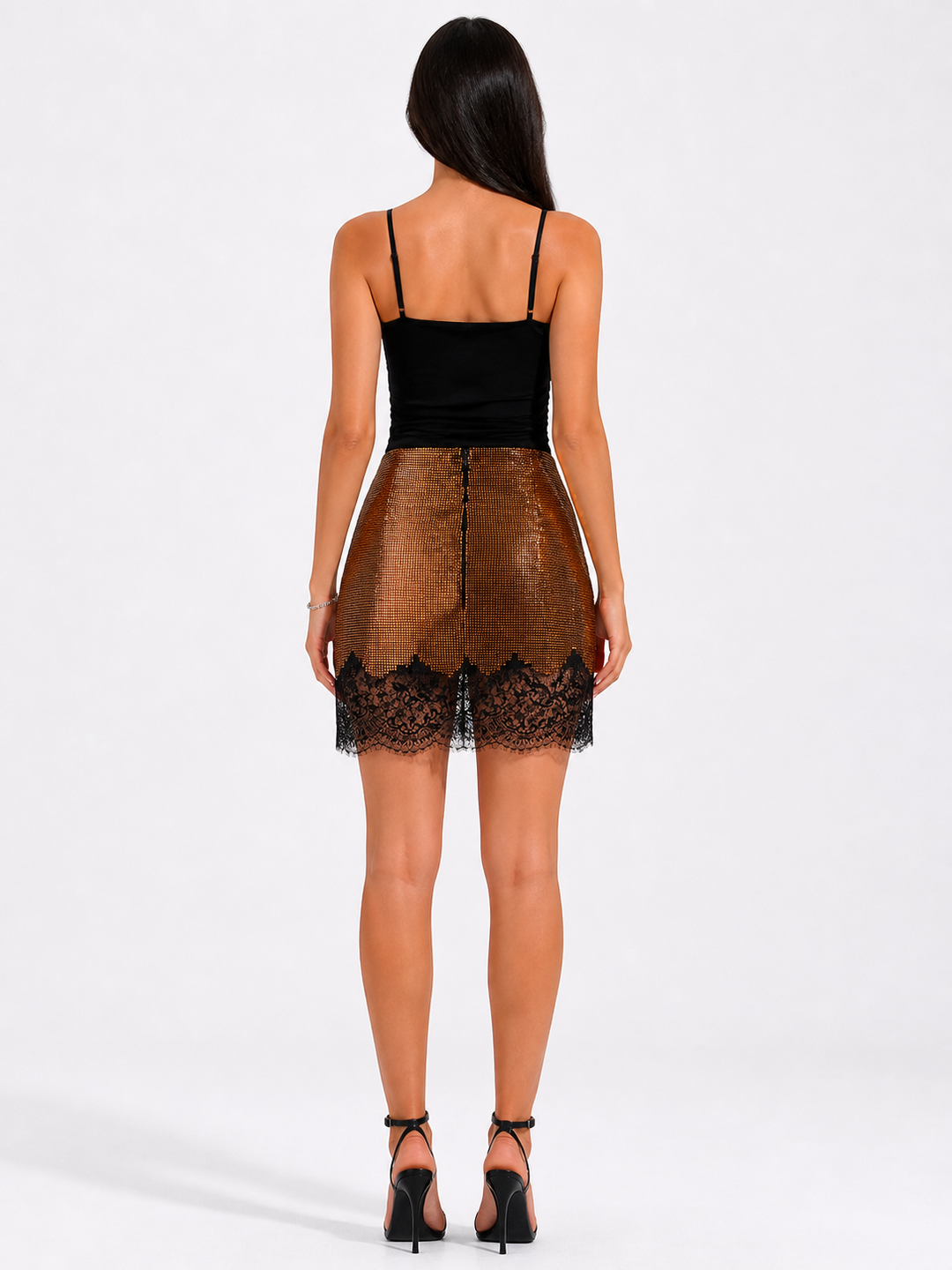 Crystal Mesh Lace Hem Mini Skirt – GOLD