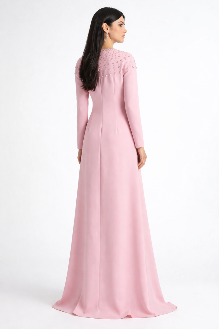 long sleeve embellished a-line gown with front detailing – BLUSH