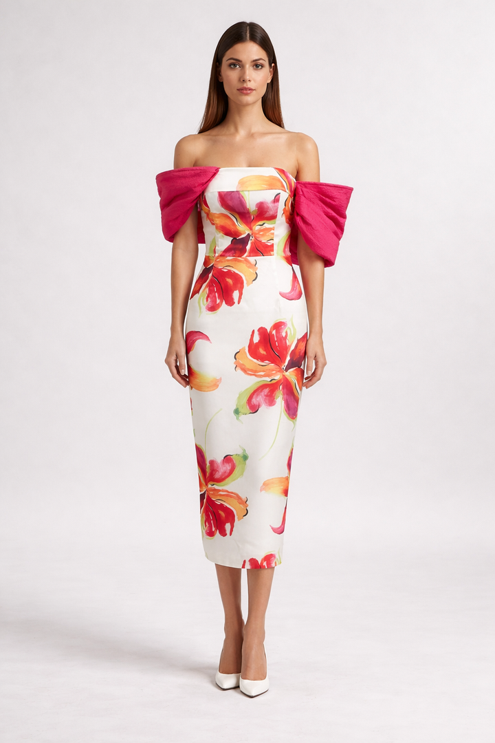 Floral Off-Shoulder Midi Dress with Statement Bow Sleeves-SIFAN