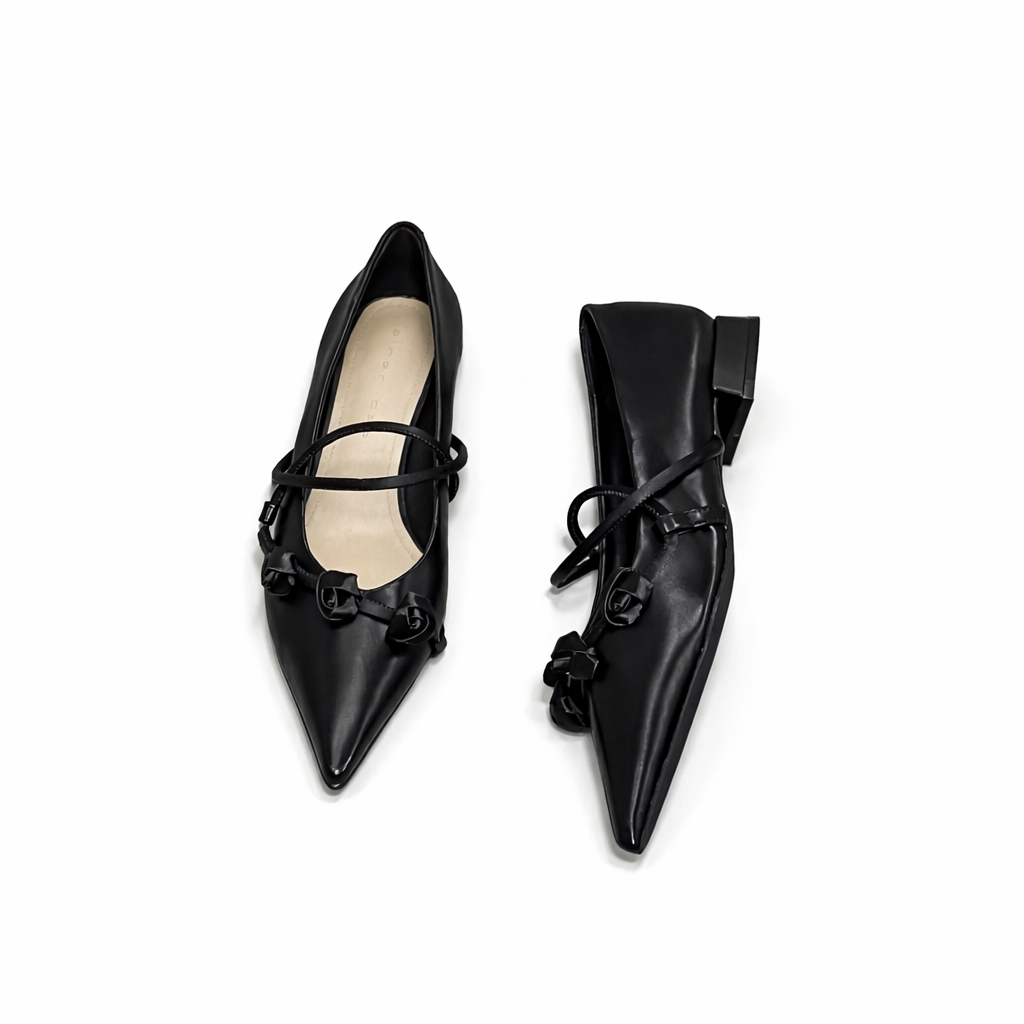 satin mary jane flat with rose appliqué strap – BLOSSOM
