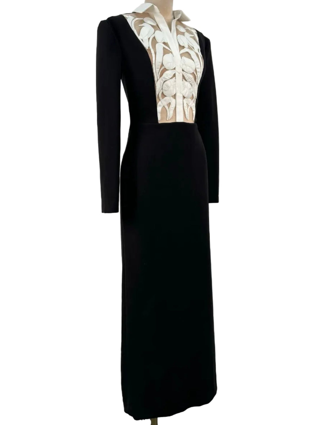 long sleeve column dress with embroidered illusion bodice – NOCTARA