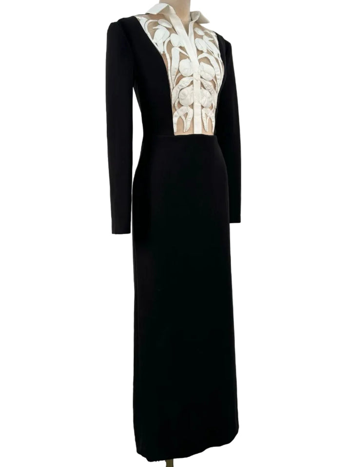 long sleeve column dress with embroidered illusion bodice – NOCTARA