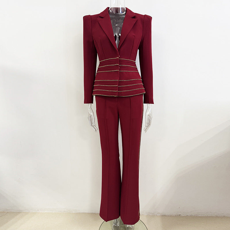tailored blazer and straight-leg pants set with embellished waist – RUBELLA