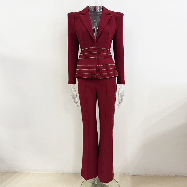 tailored blazer and straight-leg pants set with embellished waist – RUBELLA