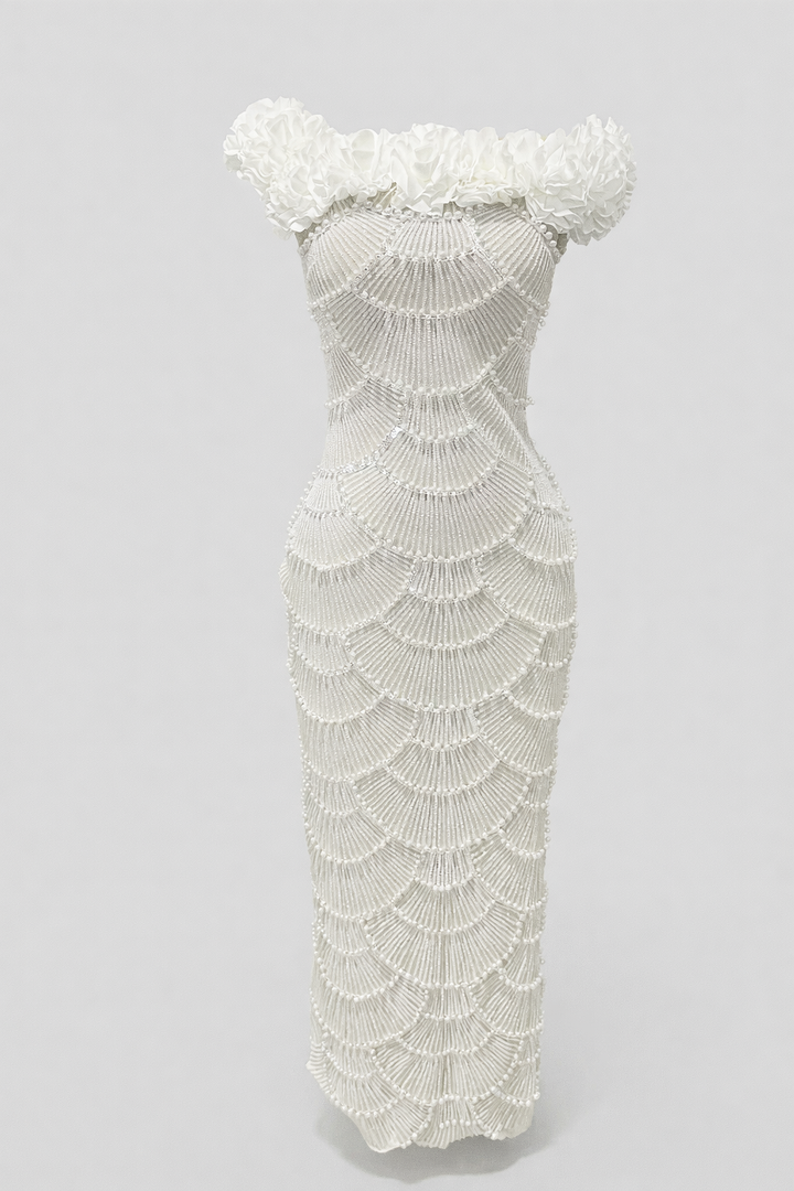 off-shoulder fitted maxi dress with pearl scallop embellishments and floral neckline – IVORY