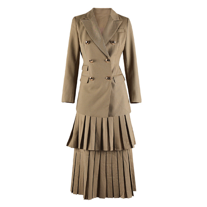 double-breasted blazer with layered pleated skirt set – OLIVE
