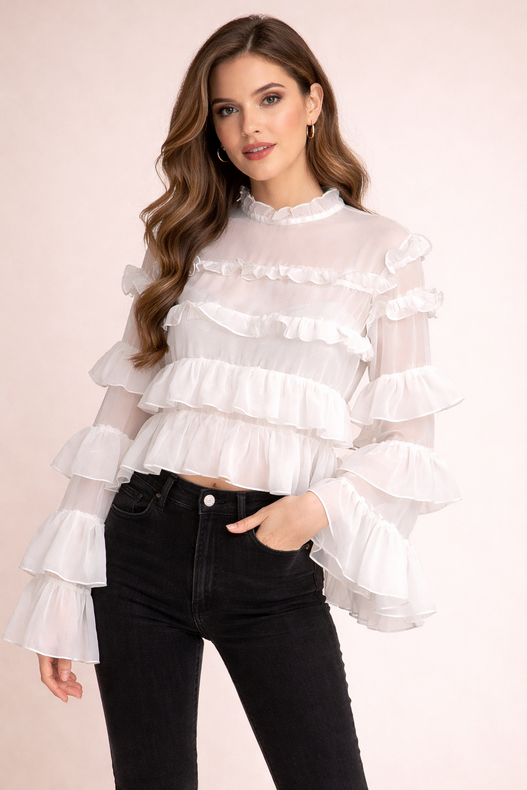 sheer ruffle blouse with layered sleeves – NUDE