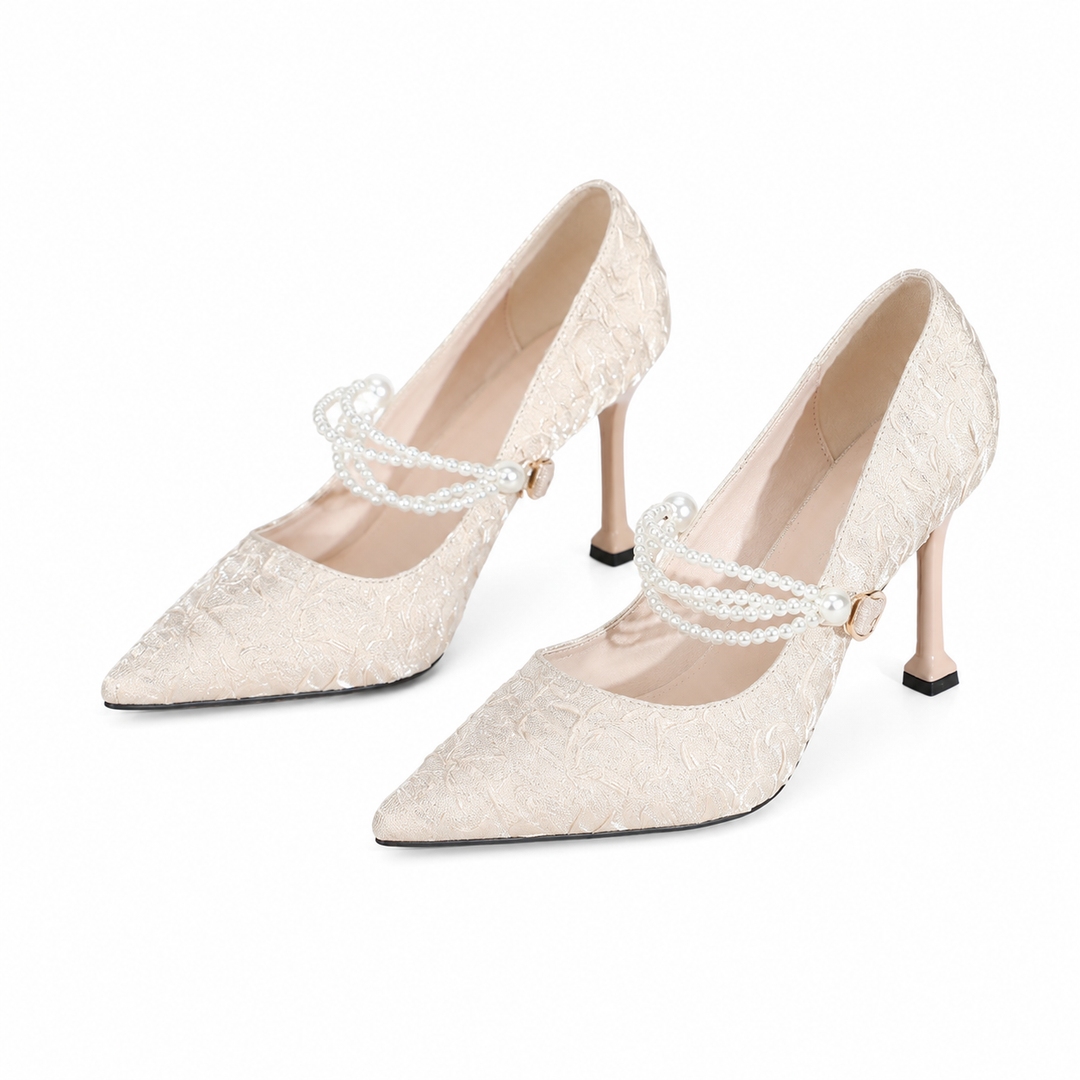 Pearl Strap Lace Stiletto Heels - Elegance