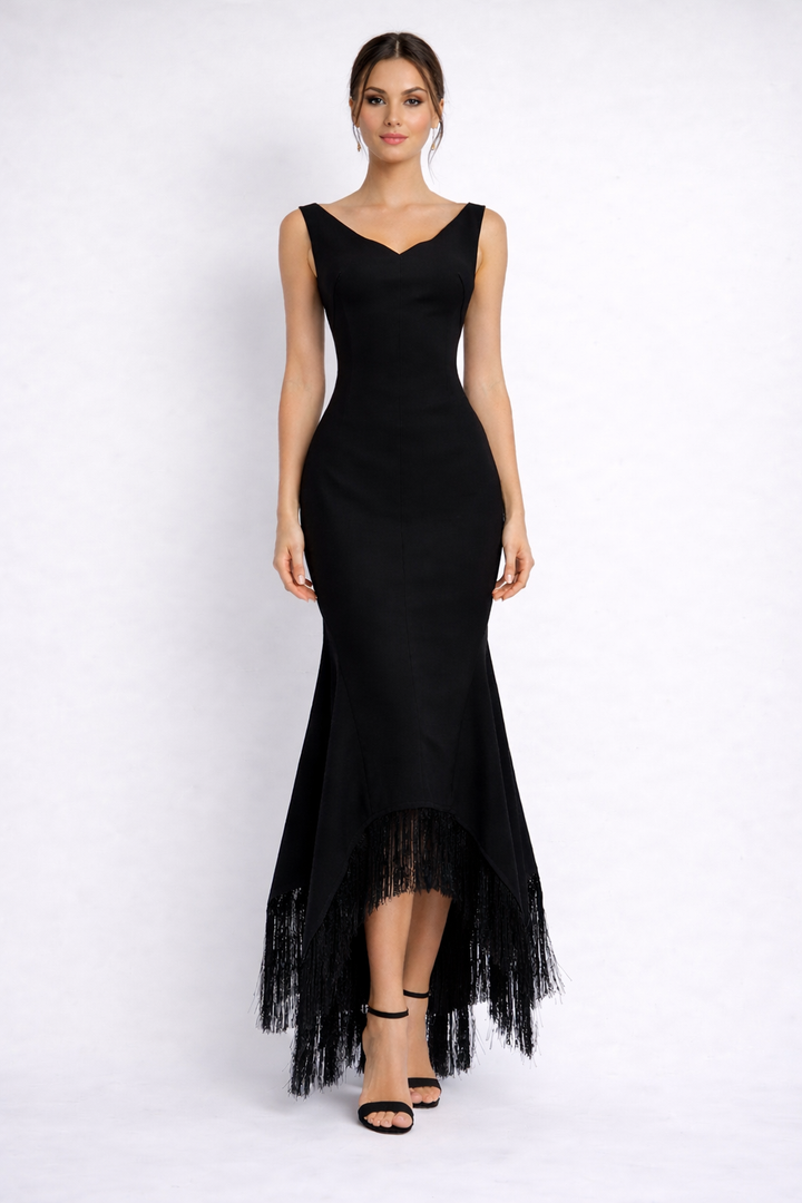 sleeveless mermaid dress with asymmetrical fringe hem – NOIRS