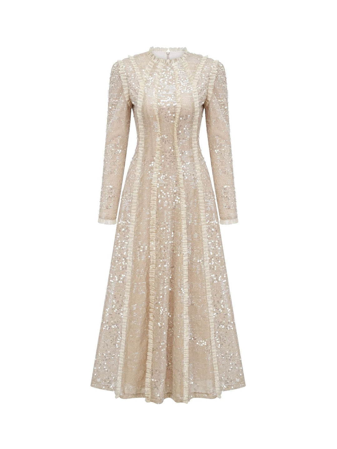 long sleeve embellished lace midi dress with high neck – CHAMPAGNE