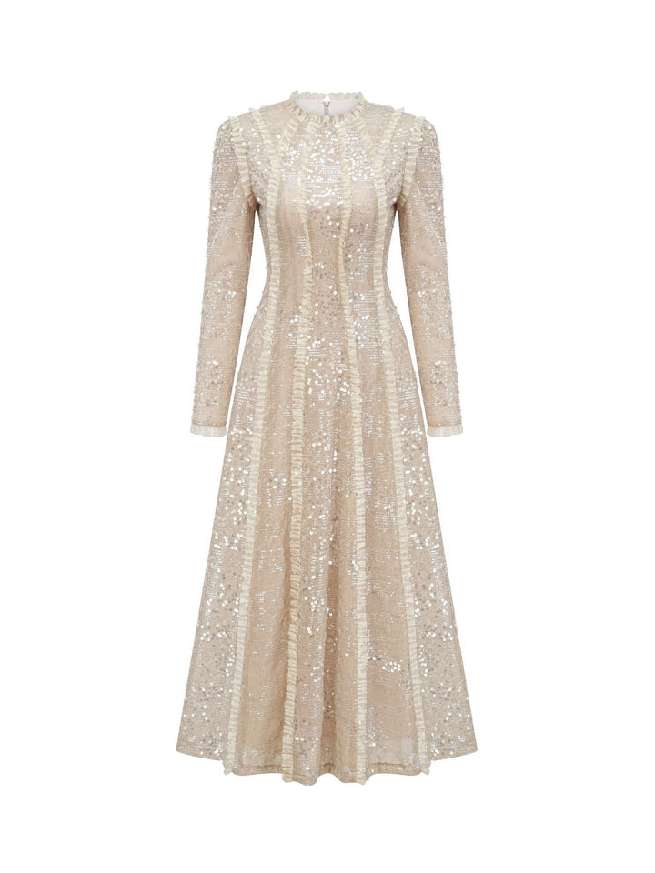 long sleeve embellished lace midi dress with high neck – CHAMPAGNE