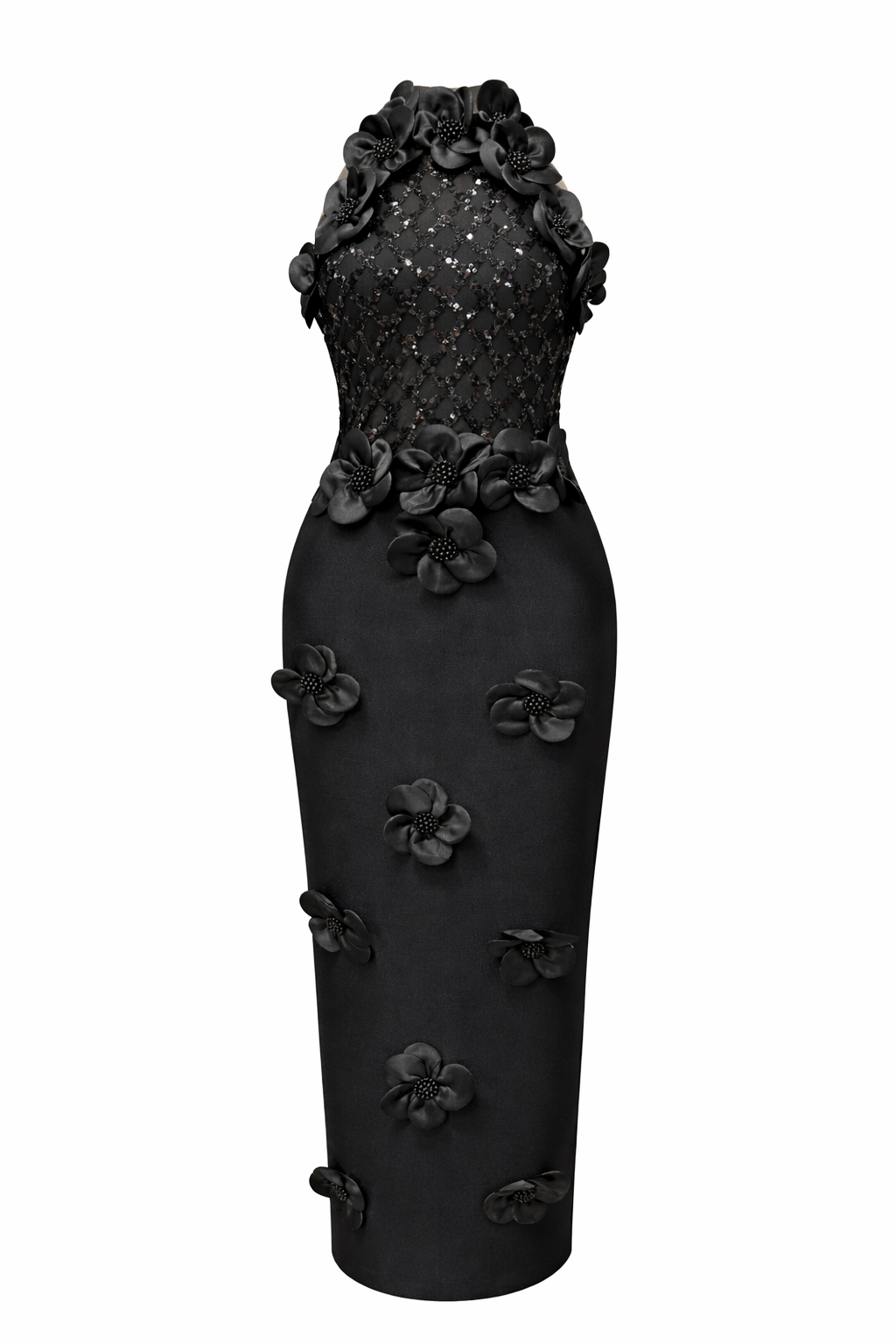 sleeveless fitted midi dress with 3D floral appliqué and sequined bodice – BLOSSOM