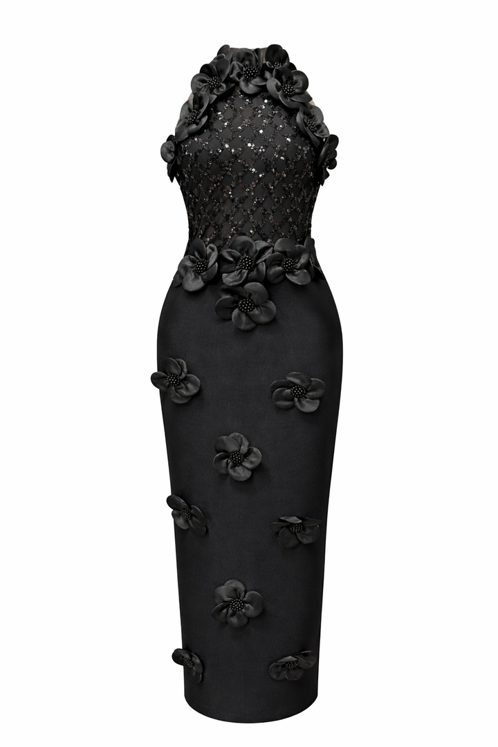 sleeveless fitted midi dress with 3D floral appliqué and sequined bodice – BLOSSOM