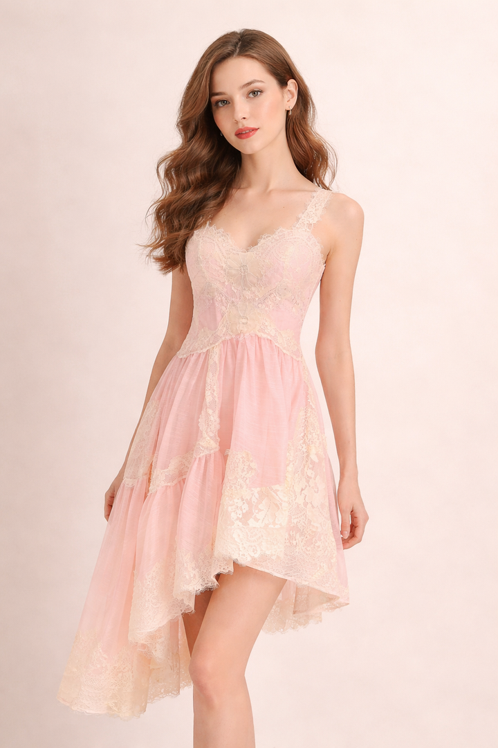 lace overlay asymmetrical midi dress with floral chiffon layers – IVORY